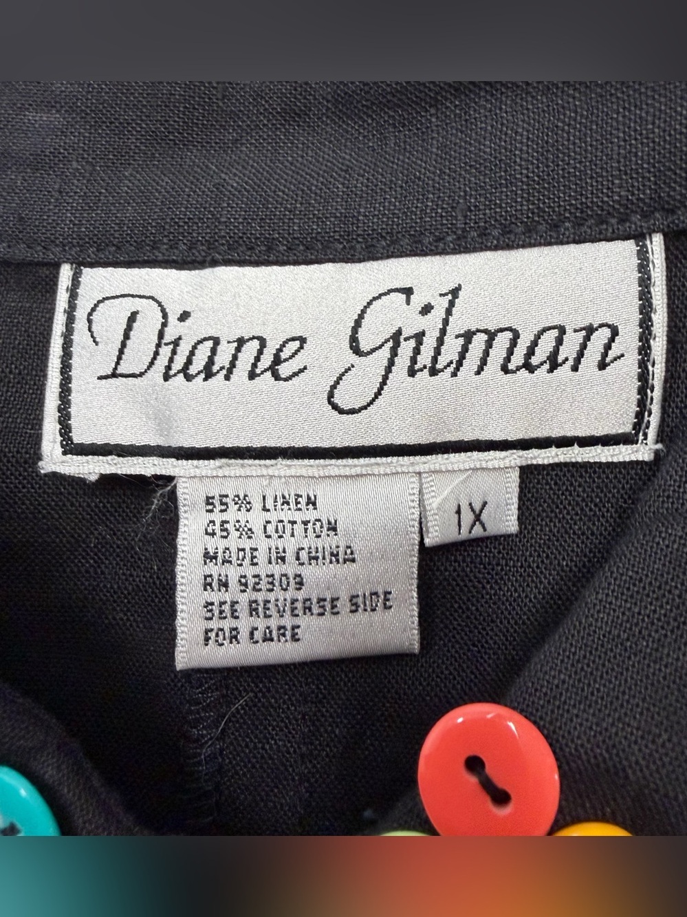 VTG Diane Gilman Black Linen Blend Blouse Top Sz XL Multicolor Button Accent NWT - Picture 13 of 15